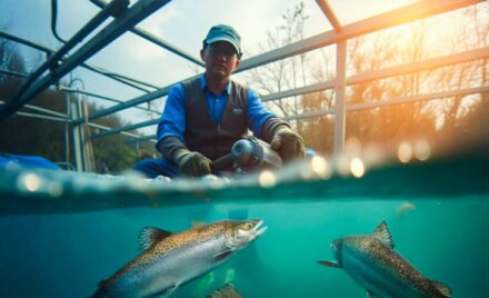 Man tending to salmon in aquaculture